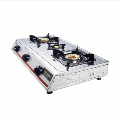 Nobel 3 Gas Burner/3 Brass Burners Gas Stove Stainless Steel Enamel Porcelain Trivet Auto Ignition Tripple Burner 710 x 410 x 140 (W x D x H) mm NGT3001 with 1 Year Warranty